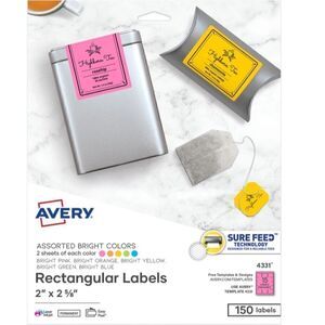 NWT New 300 Avery Rectangular Labels w/Sure Feed Bright Colors 4331, 2" x 2 5/8"